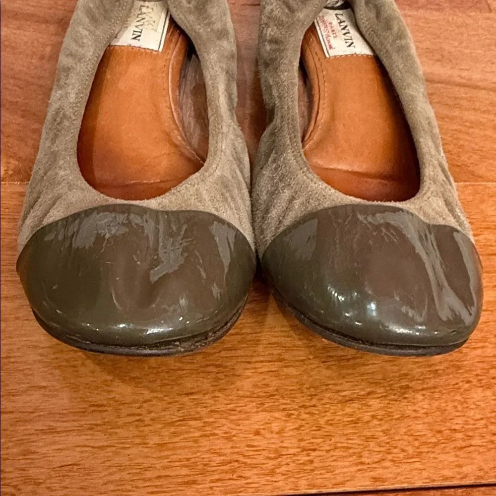 Lanvin Paris Cap Toe Ballet Flats Brown Gray‎ Suede Black Patent Leather 37